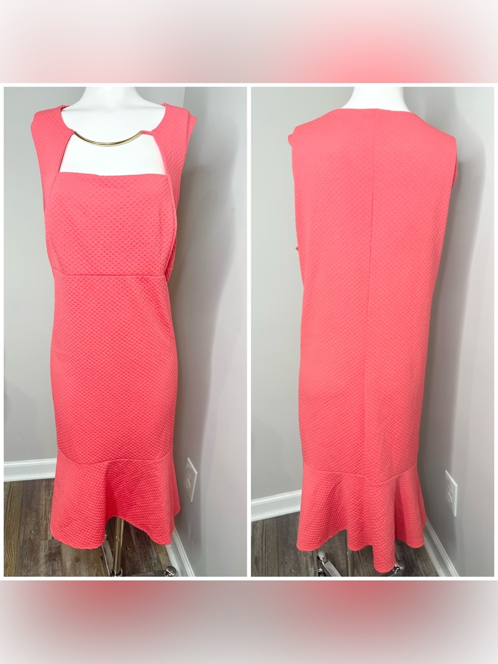 Slinky Brand Coral Pink Textured Midi Dress with Gold Accent-2X